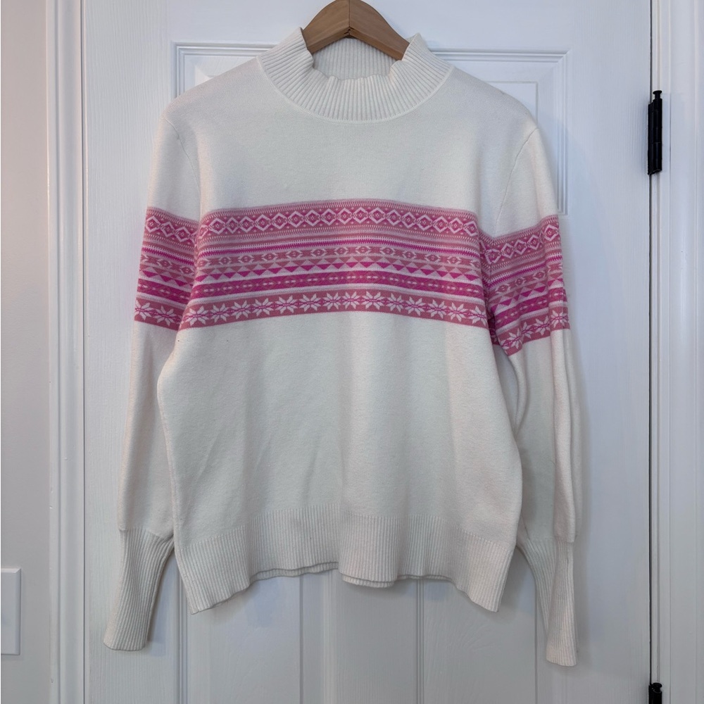 Aspen Cream Mock Neck Sweater with Pink Fair Isle Band
